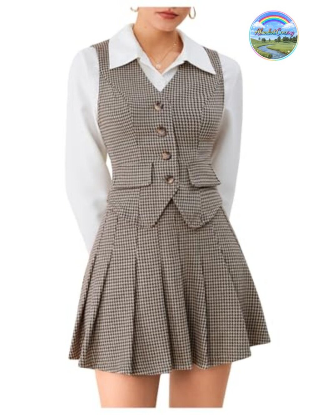 Plaid 2 Piece Skirt Set Vest Top Pleated Mini Skirt Business Outfit